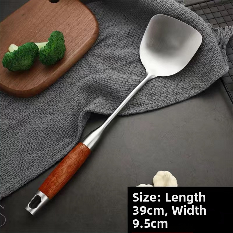 Nerūdijančio plieno šaukštų ir mentelių rinkinys su kietmedžio rankenomis – neslystantis, atsparus karščiui, šilumos izoliacija – modernus minimalistinis virtuvės rinkinys, modelis GC4650121