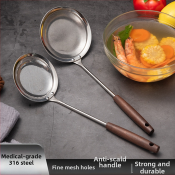 316 nerūdijančio plieno tirštėjantis putų šaukštas su medine rankena – keptuvės tinklo sietas