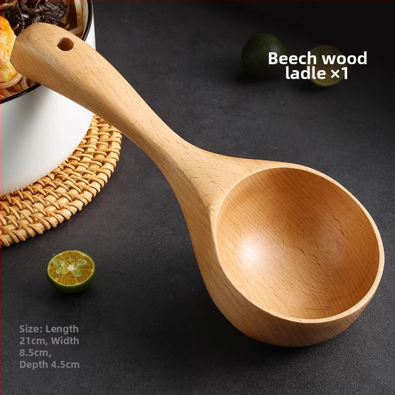 Virtuvės šaukštas su mediniu kotu, modernus minimalistinis stilius, ilgas kotas, tinkamas makaronams ir sriuboms