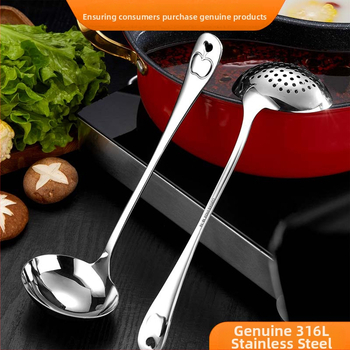 316 nerūdijančio plieno sriubos šaukštas su sieteliu, ilgai rankena – virtuvei, aukštos temperatūros atsparumas, nudegimų apsauga