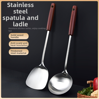 Nerūdijančio plieno spatulių rinkinys su medine rankena — aukštos temperatūros virtuvės įrankiai nelipnioms keptuvėms