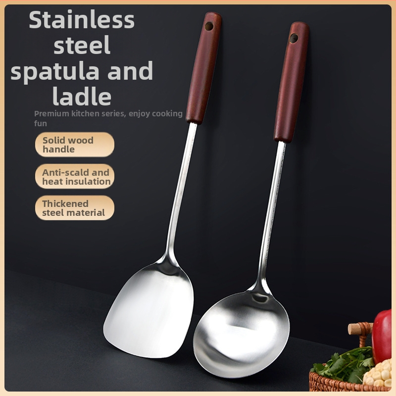 Nerūdijančio plieno spatulių rinkinys su medine rankena — aukštos temperatūros virtuvės įrankiai nelipnioms keptuvėms