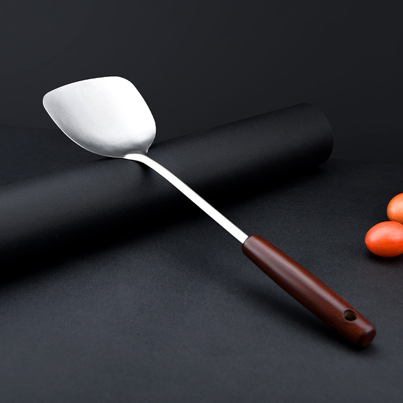 Nerūdijančio plieno spatulių rinkinys su medine rankena — aukštos temperatūros virtuvės įrankiai nelipnioms keptuvėms