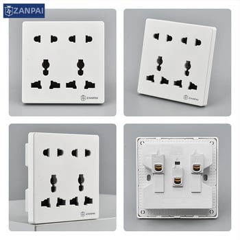 Zan Brand 86-typu zapustená stenová zásuvka, viacúčelová, s 10 otvormi; kontakty z cínu fosfor bronzu, menovitý prúd 10 A, menovité napätie AC 250 V, britský štandard