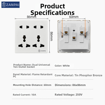 Zan Brand 86-typu zapustená stenová zásuvka, viacúčelová, s 10 otvormi; kontakty z cínu fosfor bronzu, menovitý prúd 10 A, menovité napätie AC 250 V, britský štandard