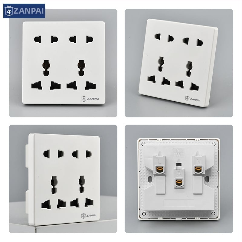 Zan Brand 86-typu zapustená stenová zásuvka, viacúčelová, s 10 otvormi; kontakty z cínu fosfor bronzu, menovitý prúd 10 A, menovité napätie AC 250 V, britský štandard