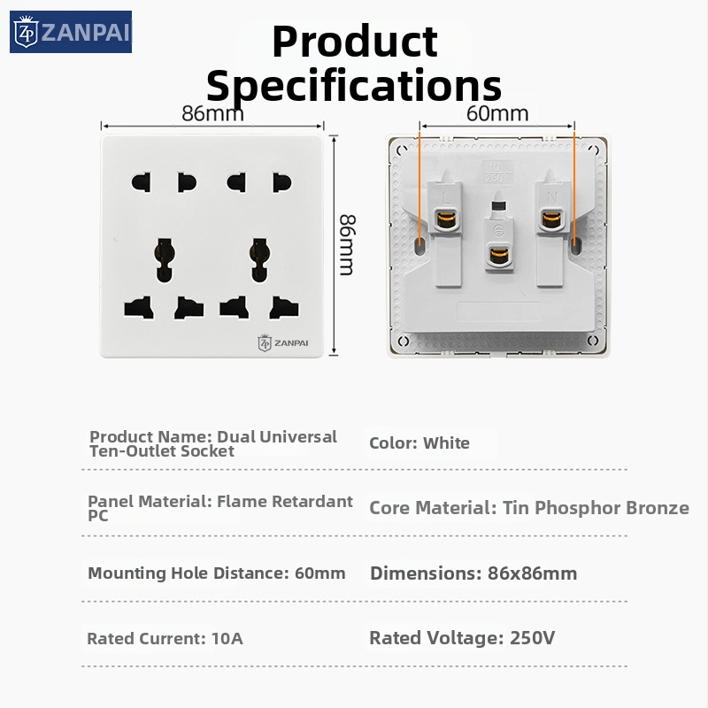 Zan Brand 86-typu zapustená stenová zásuvka, viacúčelová, s 10 otvormi; kontakty z cínu fosfor bronzu, menovitý prúd 10 A, menovité napätie AC 250 V, britský štandard