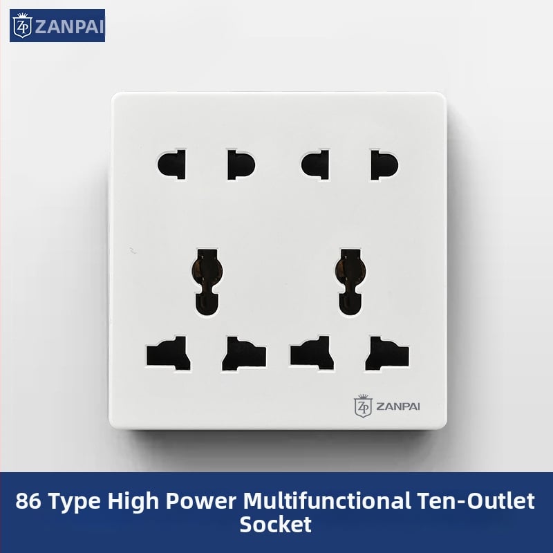 Zan Brand 86-typu zapustená stenová zásuvka, viacúčelová, s 10 otvormi; kontakty z cínu fosfor bronzu, menovitý prúd 10 A, menovité napätie AC 250 V, britský štandard