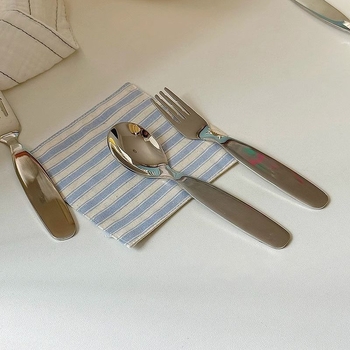 Vaikų šaukštų ir šakutės rinkinys iš nerūdijančio plieno, 410 nerūdijanto plieno, veidrodinis poliravimas, skirtas vaikams nuo 1 iki 5 metų, galima logotipo spausdinimas