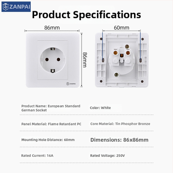 Zan Brand 86 tipa Eiropas standarta sienas kontaktu panelis, 16A, 250V, CE sertifikāts