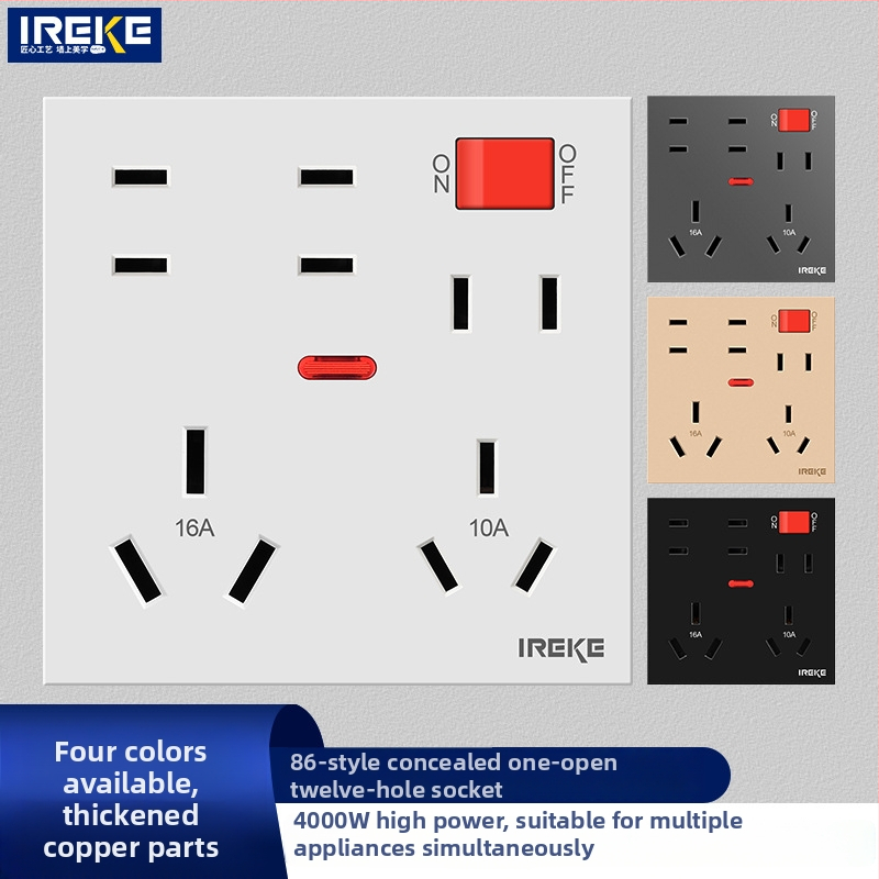 86-tipa sienas montējamais kontaktu panelis ar 12 atverēm, divas strāvas 10A/16A, CE sertifikāts, AC250V, sienas uzstādīšana, piemērots gaisa kondicionieriem, boileriem un virtuvei