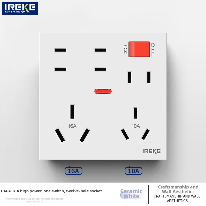 86-tipa sienas montējamais kontaktu panelis ar 12 atverēm, divas strāvas 10A/16A, CE sertifikāts, AC250V, sienas uzstādīšana, piemērots gaisa kondicionieriem, boileriem un virtuvei