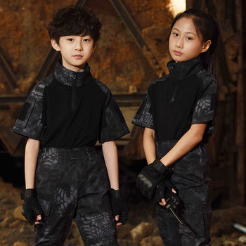 Vaikų kamufliažinis treniruočių komplektas – kvėpuojantis medvilnės mišinio audinys, atsparus dilimui, universalus, vasara-pavasaris-ruduo, skirtas bėgimui, dviračiui, žygiams