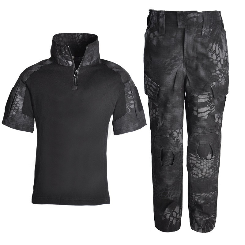 Vaikų kamufliažinis treniruočių komplektas – kvėpuojantis medvilnės mišinio audinys, atsparus dilimui, universalus, vasara-pavasaris-ruduo, skirtas bėgimui, dviračiui, žygiams