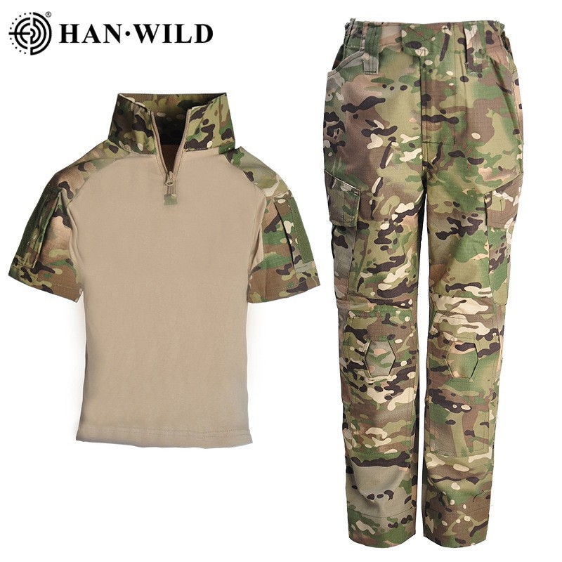 Vaikų kamufliažinis treniruočių komplektas – kvėpuojantis medvilnės mišinio audinys, atsparus dilimui, universalus, vasara-pavasaris-ruduo, skirtas bėgimui, dviračiui, žygiams