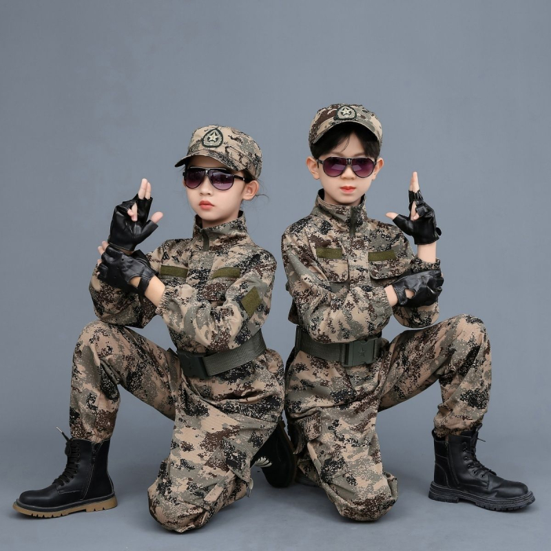 Vaikų kamufliažinė karinės uniformos komplektas - Unisex, medvilnės mišinio audinys, greitai džiūstantis, kvėpuojantis, drėgmės valdymas, kamufliažinis raštas