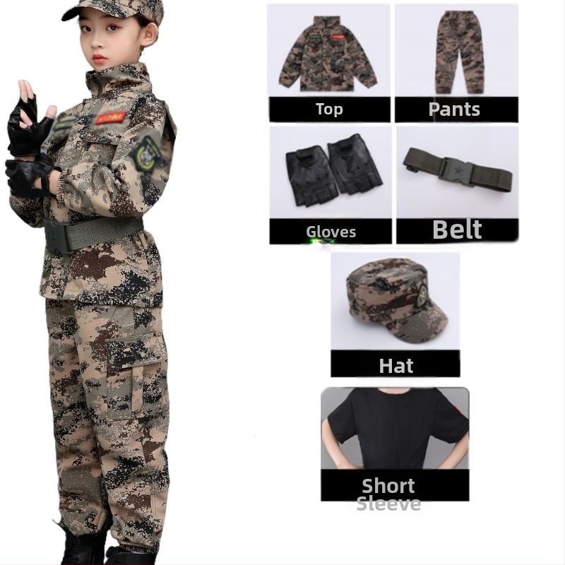 Vaikų kamufliažinė karinės uniformos komplektas - Unisex, medvilnės mišinio audinys, greitai džiūstantis, kvėpuojantis, drėgmės valdymas, kamufliažinis raštas