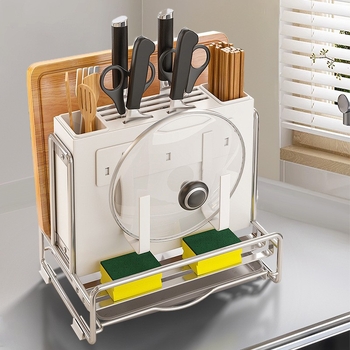 Višenamjenski kuhinjski stalak za nože na radnu površinu s odvodom — pokretan, od karbonskog čelika, s držačem za štapiće i držačem za daske za rezanje