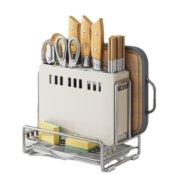 Višenamjenski kuhinjski stalak za nože na radnu površinu s odvodom — pokretan, od karbonskog čelika, s držačem za štapiće i držačem za daske za rezanje