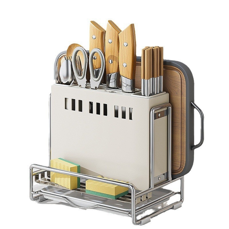 Višenamjenski kuhinjski stalak za nože na radnu površinu s odvodom — pokretan, od karbonskog čelika, s držačem za štapiće i držačem za daske za rezanje