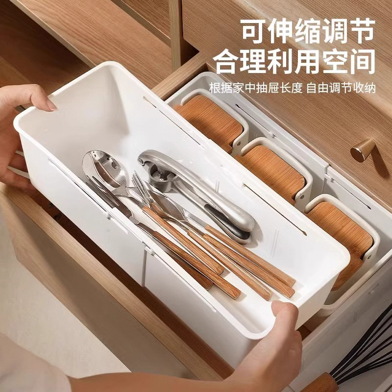 Пластмасова разтегателна кутия за кухненски чекмеджета с вградена разделителница за клечки — организатор за съдове и козметика