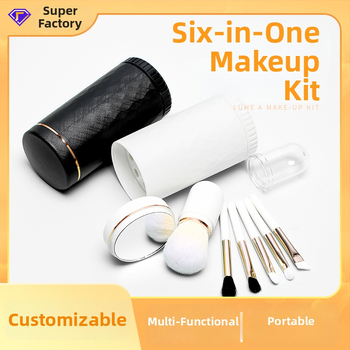 6-in-1 nešiojamas makiažo šepetėlių rinkinys, plastikinės rankenos, dirbtiniai pluoštai, plaukų ilgis 1,5 cm, bendras ilgis 8 cm