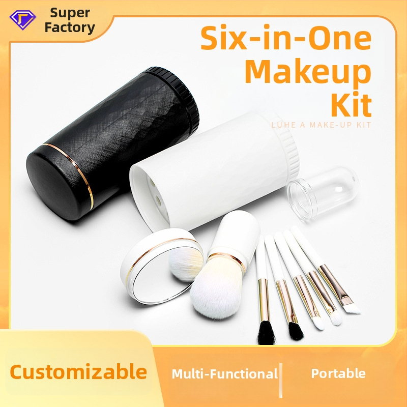 6-in-1 nešiojamas makiažo šepetėlių rinkinys, plastikinės rankenos, dirbtiniai pluoštai, plaukų ilgis 1,5 cm, bendras ilgis 8 cm