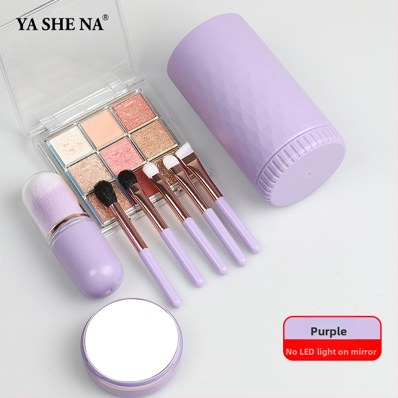 6-in-1 nešiojamas makiažo šepetėlių rinkinys, plastikinės rankenos, dirbtiniai pluoštai, plaukų ilgis 1,5 cm, bendras ilgis 8 cm