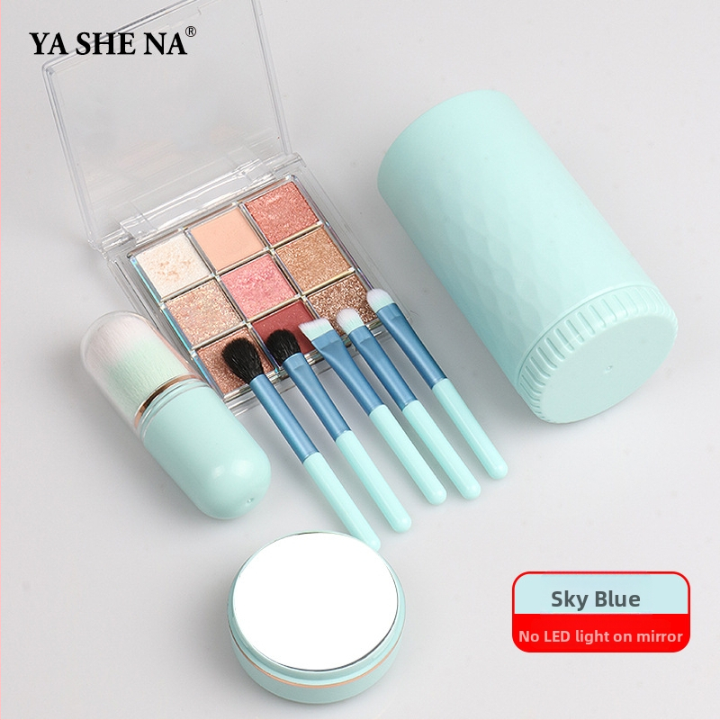 6-in-1 nešiojamas makiažo šepetėlių rinkinys, plastikinės rankenos, dirbtiniai pluoštai, plaukų ilgis 1,5 cm, bendras ilgis 8 cm