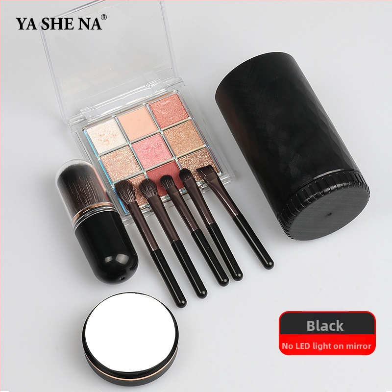 6-in-1 nešiojamas makiažo šepetėlių rinkinys, plastikinės rankenos, dirbtiniai pluoštai, plaukų ilgis 1,5 cm, bendras ilgis 8 cm