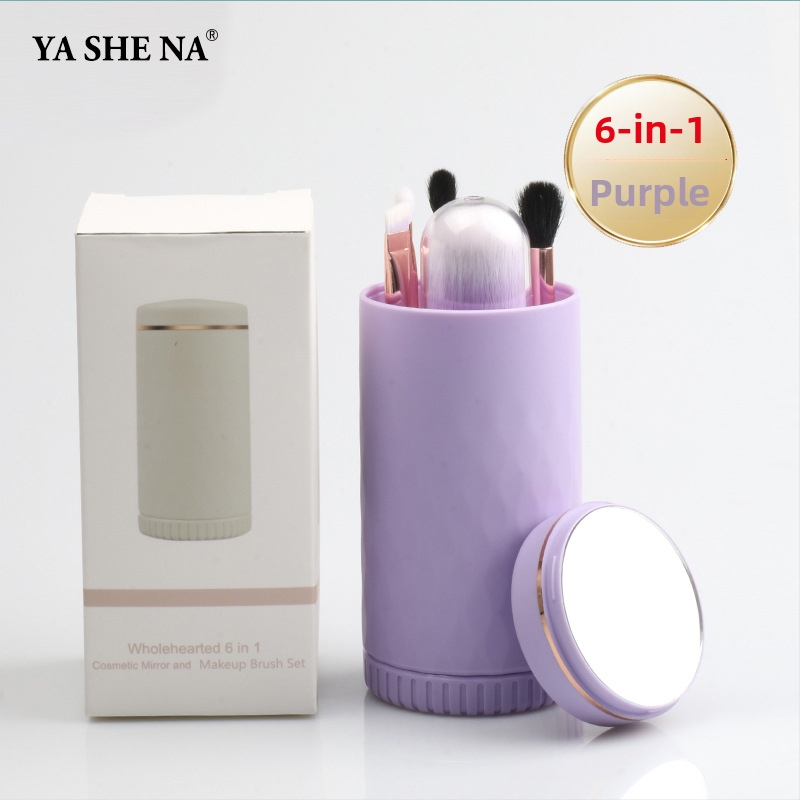 6-in-1 nešiojamas makiažo šepetėlių rinkinys, plastikinės rankenos, dirbtiniai pluoštai, plaukų ilgis 1,5 cm, bendras ilgis 8 cm