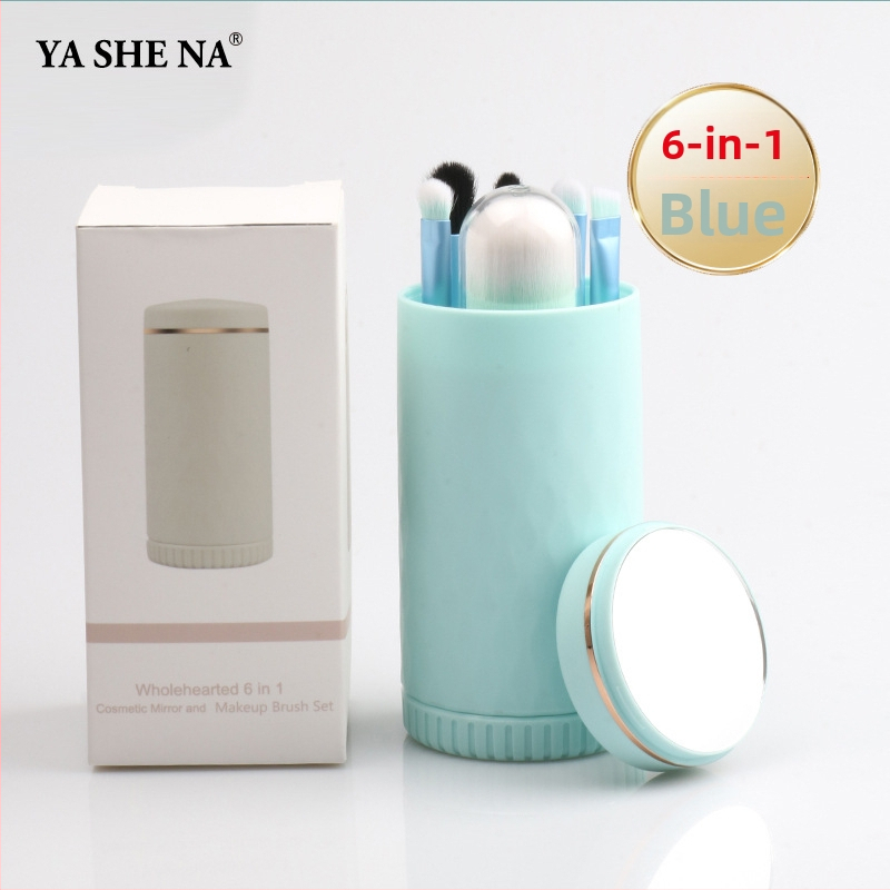 6-in-1 nešiojamas makiažo šepetėlių rinkinys, plastikinės rankenos, dirbtiniai pluoštai, plaukų ilgis 1,5 cm, bendras ilgis 8 cm