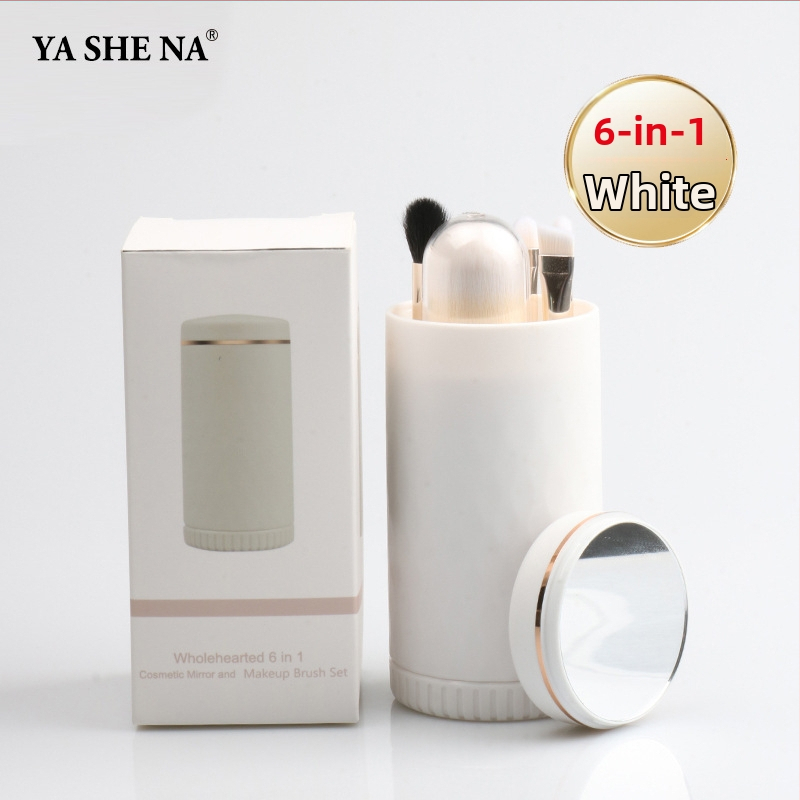 6-in-1 nešiojamas makiažo šepetėlių rinkinys, plastikinės rankenos, dirbtiniai pluoštai, plaukų ilgis 1,5 cm, bendras ilgis 8 cm