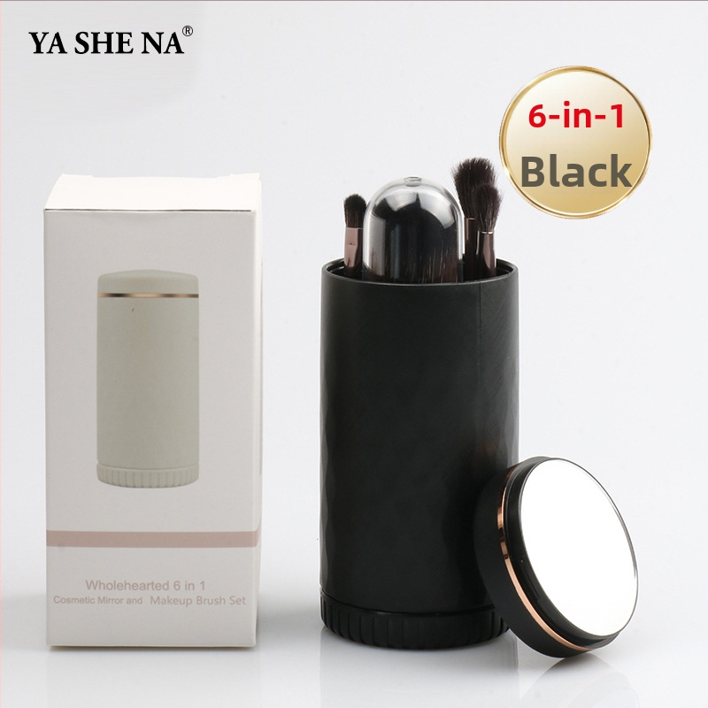 6-in-1 nešiojamas makiažo šepetėlių rinkinys, plastikinės rankenos, dirbtiniai pluoštai, plaukų ilgis 1,5 cm, bendras ilgis 8 cm