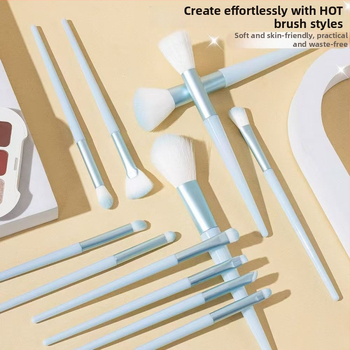 12 dalių makiažo šepetėlių rinkinys su sintetinių plaukų šereliais, įskaitant akių šešėlių šepetėlį, akių kontūro šepetėlį, lūpų šepetėlį, detalės šepetėlį ir nosies šešėlių šepetėlį, ilgais plastikiniais kotais