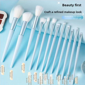 12 dalių makiažo šepetėlių rinkinys su sintetinių plaukų šereliais, įskaitant akių šešėlių šepetėlį, akių kontūro šepetėlį, lūpų šepetėlį, detalės šepetėlį ir nosies šešėlių šepetėlį, ilgais plastikiniais kotais