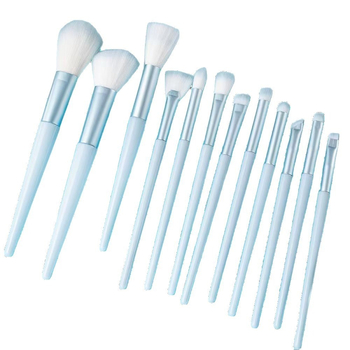 12 dalių makiažo šepetėlių rinkinys su sintetinių plaukų šereliais, įskaitant akių šešėlių šepetėlį, akių kontūro šepetėlį, lūpų šepetėlį, detalės šepetėlį ir nosies šešėlių šepetėlį, ilgais plastikiniais kotais