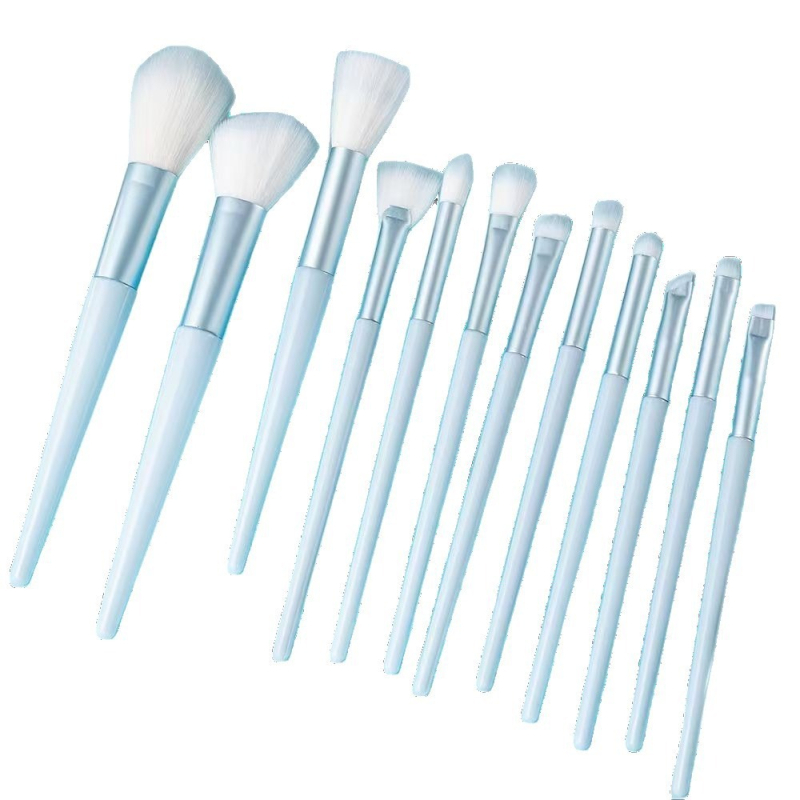 12 dalių makiažo šepetėlių rinkinys su sintetinių plaukų šereliais, įskaitant akių šešėlių šepetėlį, akių kontūro šepetėlį, lūpų šepetėlį, detalės šepetėlį ir nosies šešėlių šepetėlį, ilgais plastikiniais kotais