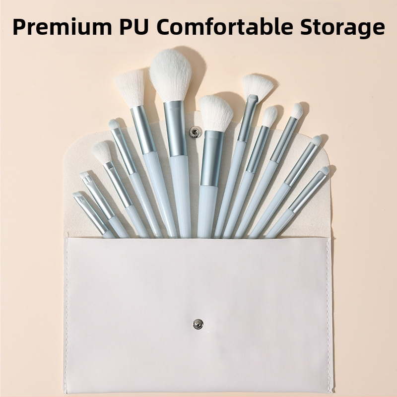 12 dalių makiažo šepetėlių rinkinys su sintetinių plaukų šereliais, įskaitant akių šešėlių šepetėlį, akių kontūro šepetėlį, lūpų šepetėlį, detalės šepetėlį ir nosies šešėlių šepetėlį, ilgais plastikiniais kotais