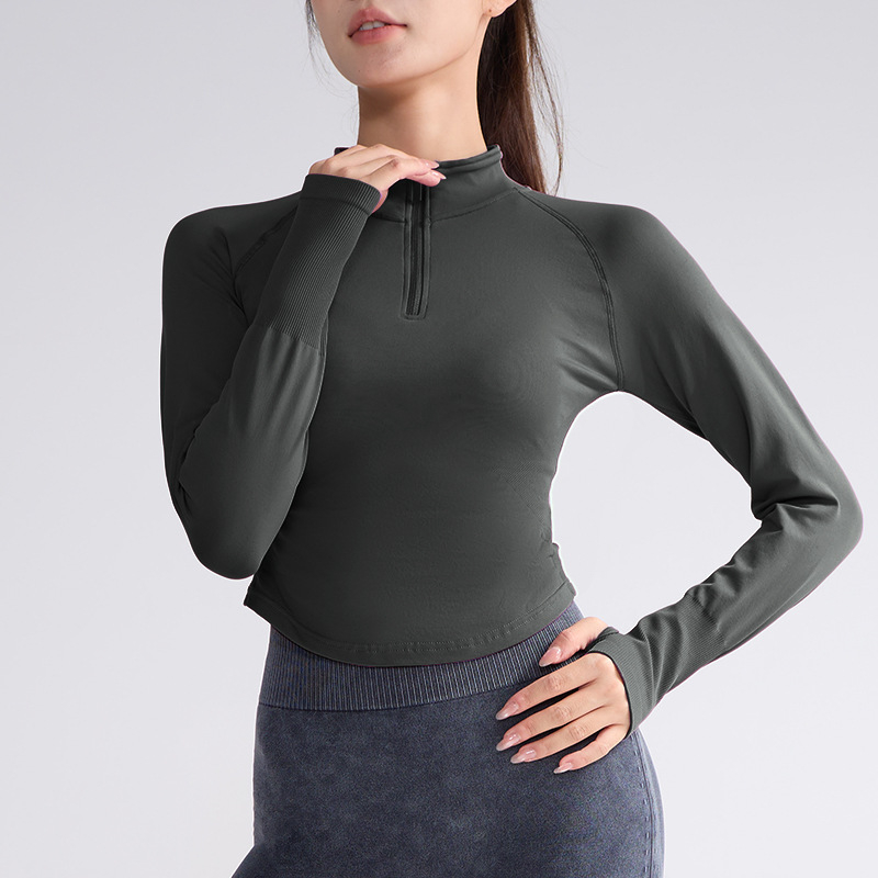 Ženski top za jogu s dugim rukavima, uski kroj, stojeći ovratnik, dužina do struka, mješavina poliester-spandeks