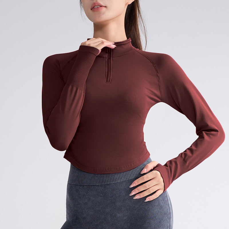 Ženski top za jogu s dugim rukavima, uski kroj, stojeći ovratnik, dužina do struka, mješavina poliester-spandeks