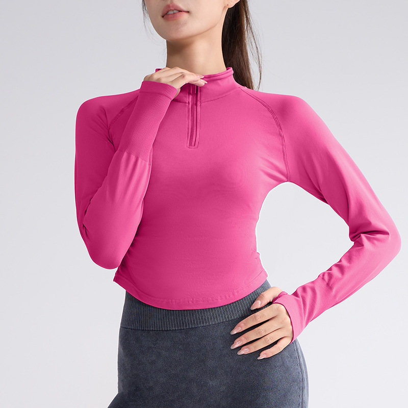 Ženski top za jogu s dugim rukavima, uski kroj, stojeći ovratnik, dužina do struka, mješavina poliester-spandeks