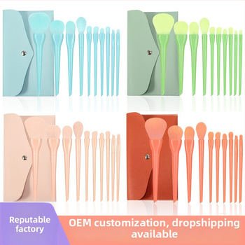 10 šepetėlių makiažui rinkinys su šepetėlių krepšeliu, nailono šereliai, plastikinės rankenos