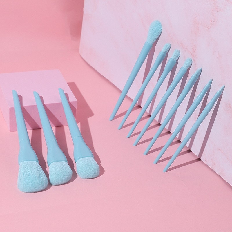 10 šepetėlių makiažui rinkinys su šepetėlių krepšeliu, nailono šereliai, plastikinės rankenos