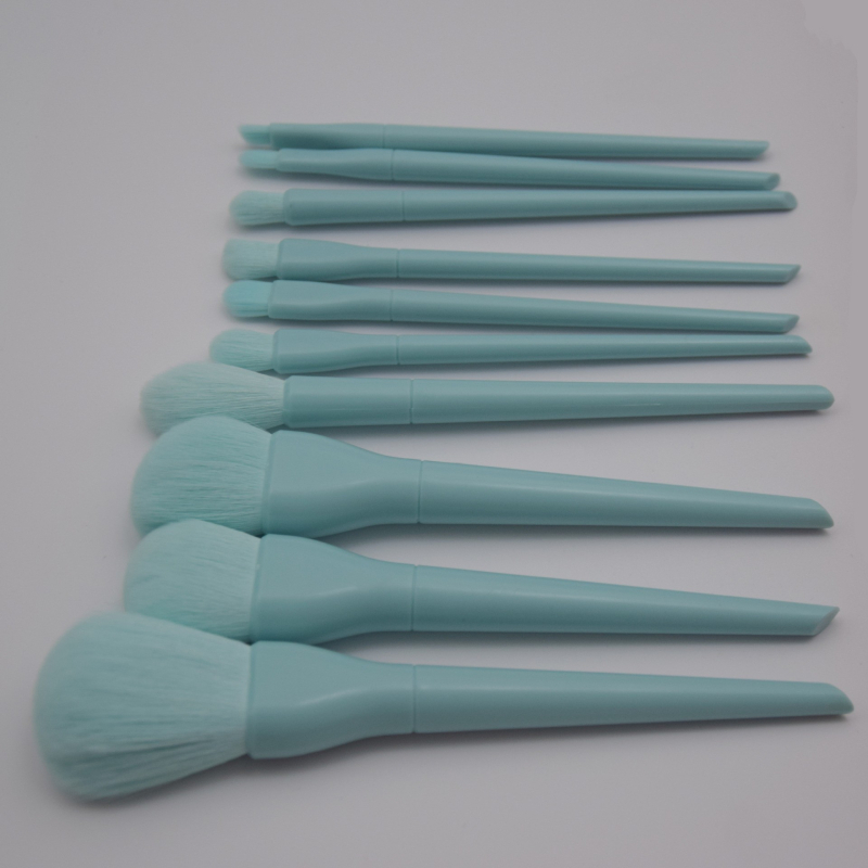 10 šepetėlių makiažui rinkinys su šepetėlių krepšeliu, nailono šereliai, plastikinės rankenos