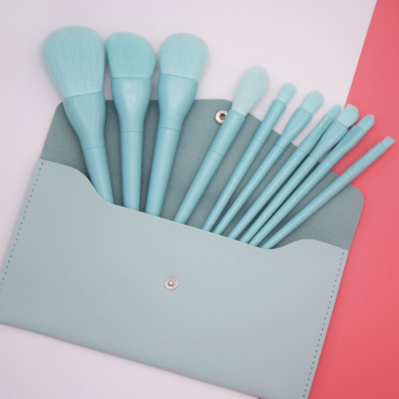 10 šepetėlių makiažui rinkinys su šepetėlių krepšeliu, nailono šereliai, plastikinės rankenos