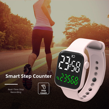 Elektroniskais rokas pulkstenis ar soļu skaitītāju, taisnstūra ciparnīca 37 mm, PU siksna, digitālais displejs, ūdensizturīgs līdz 30 m