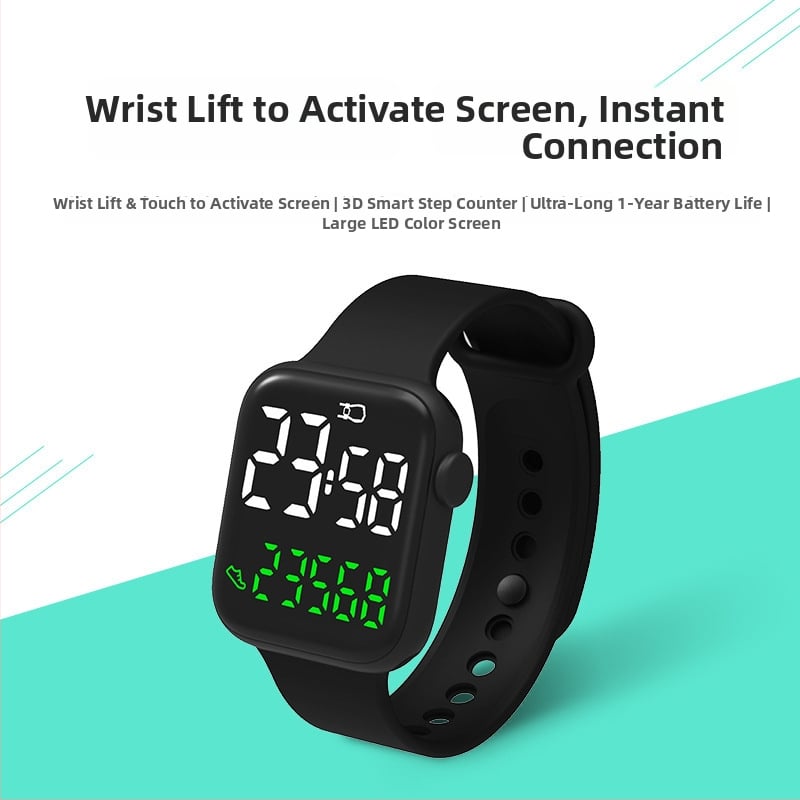 Elektroniskais rokas pulkstenis ar soļu skaitītāju, taisnstūra ciparnīca 37 mm, PU siksna, digitālais displejs, ūdensizturīgs līdz 30 m