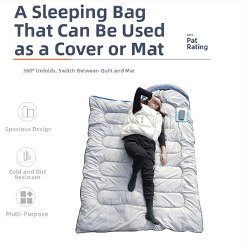 Suaugusiųjų lauko miegmaišis – užpildas Hollow Cotton, vidinis 190T Chunya Spinning, audinys 190T poliesteris su vandeniui atsparia danga ir sferiniai reljefai, konstrukcija: voko tipo, svoris 1800 g