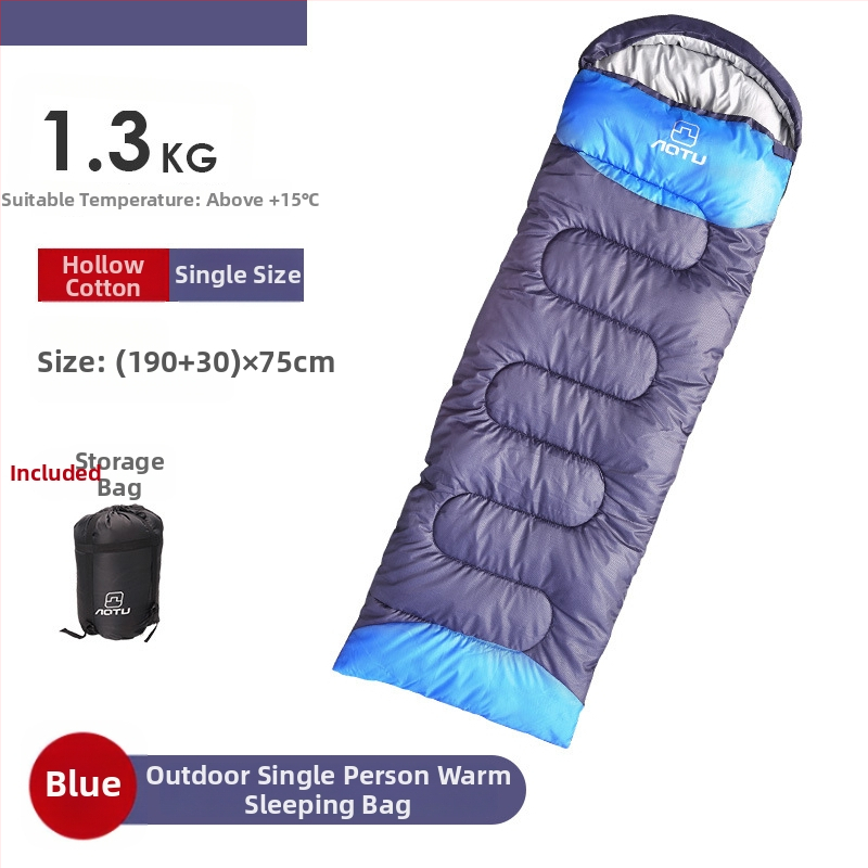 Suaugusiųjų lauko miegmaišis – užpildas Hollow Cotton, vidinis 190T Chunya Spinning, audinys 190T poliesteris su vandeniui atsparia danga ir sferiniai reljefai, konstrukcija: voko tipo, svoris 1800 g